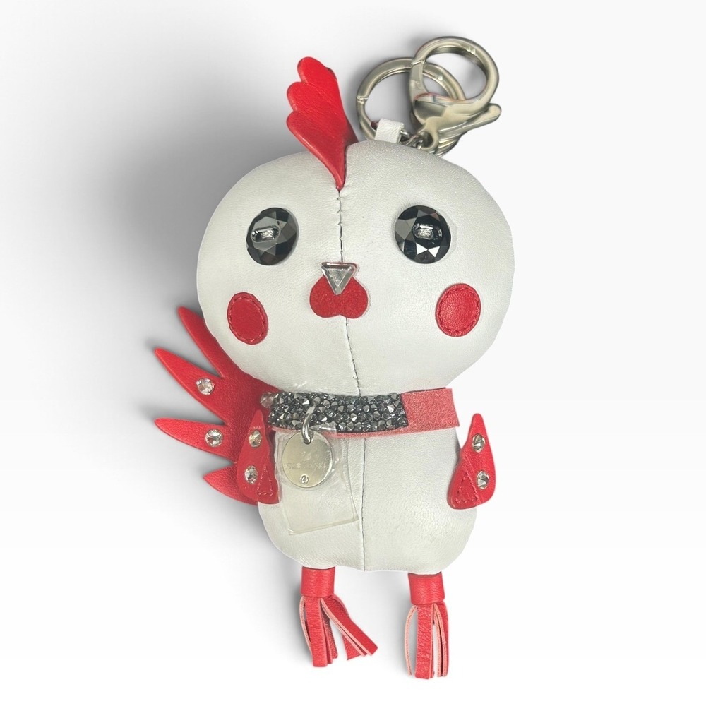 Swarovski Leather Rooster Bag Charm Crystal Embellished White Red Keychain
